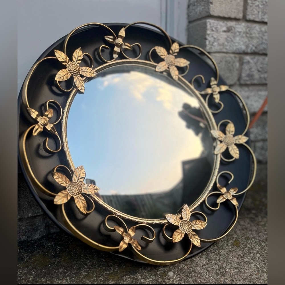 Vintage Convex Wall Mirror - 1960s Mid Century Modern -Black Metal & Gold Frame